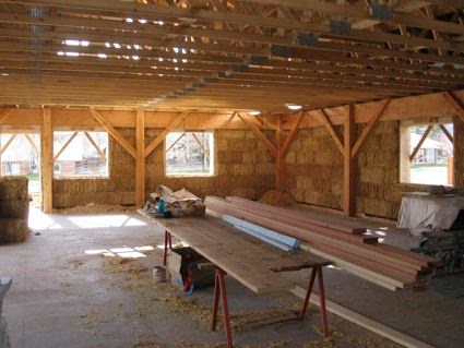 A photo of an interior room in a house constructed of strawbales