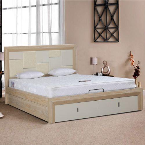 Aviv 7 Piece Bedroom Set, Queen, Champagne Wood, Transitional (Storage Bed, Dresser, Mirror, Chest, 2 Nightstands, Bench), Beige Faux Leather Headboard,