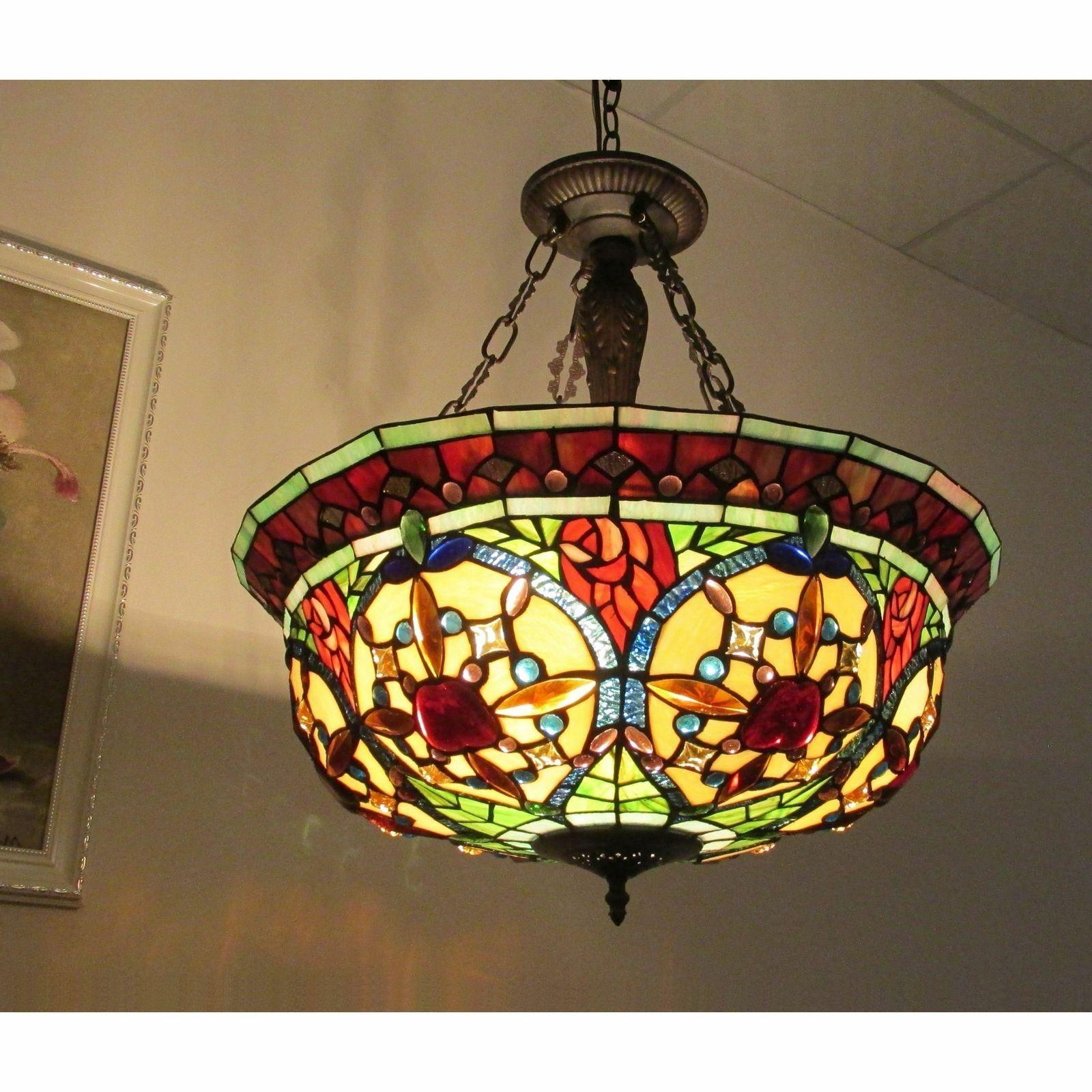 Dining Room Bowl Pendant Lamp Stained Glass 5 Lights Tiffany Style  Victorian Chandelier with Crystal